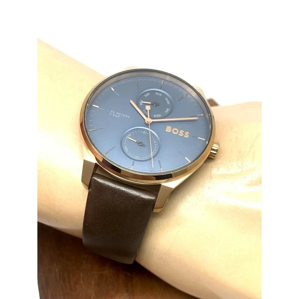 Hugo Boss Mens Watch 1514103 Tyler Quartz Rose Gold Blue Dial Brown Leather 43mm